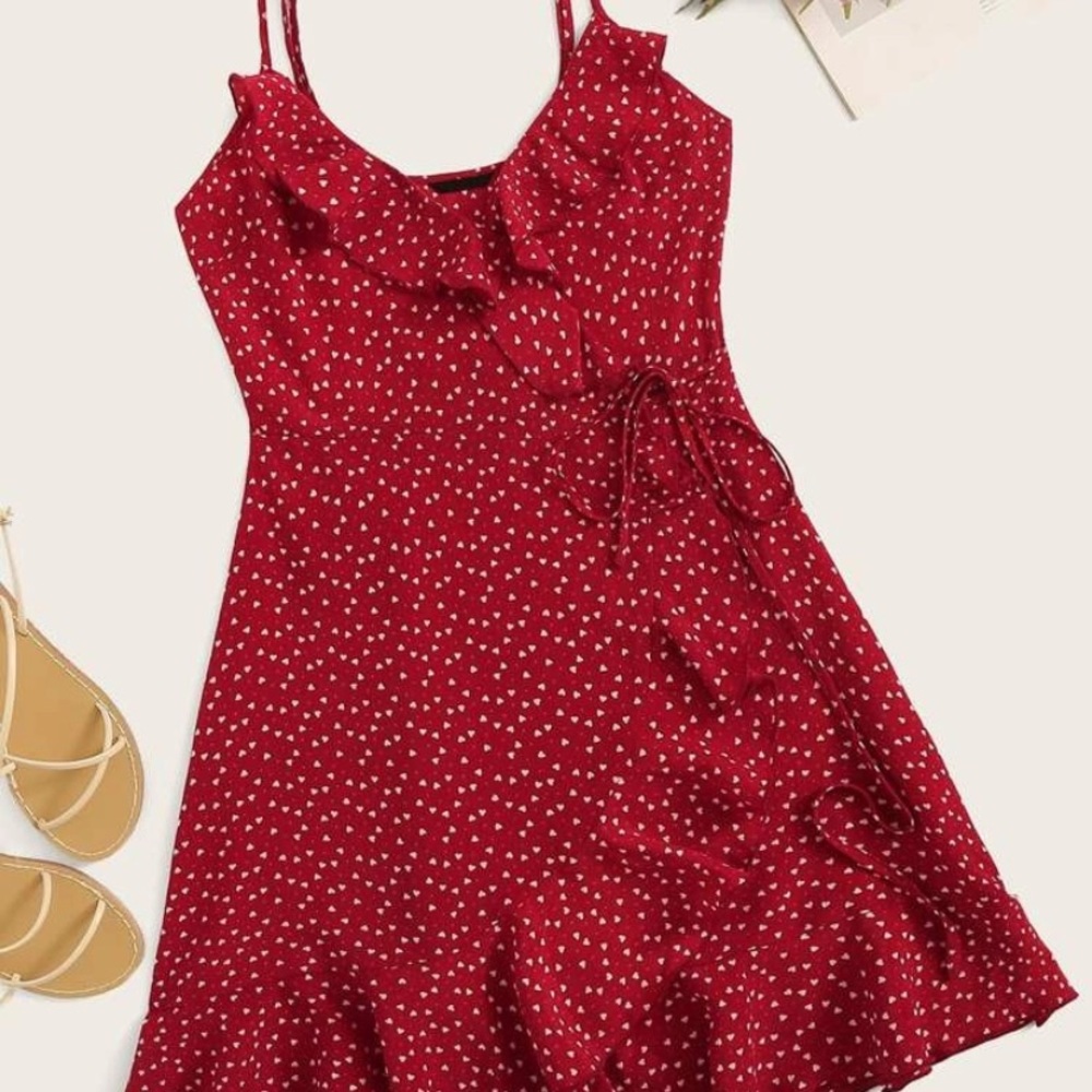 Heart Print Ruffle Mini Cami Dress L 8/10